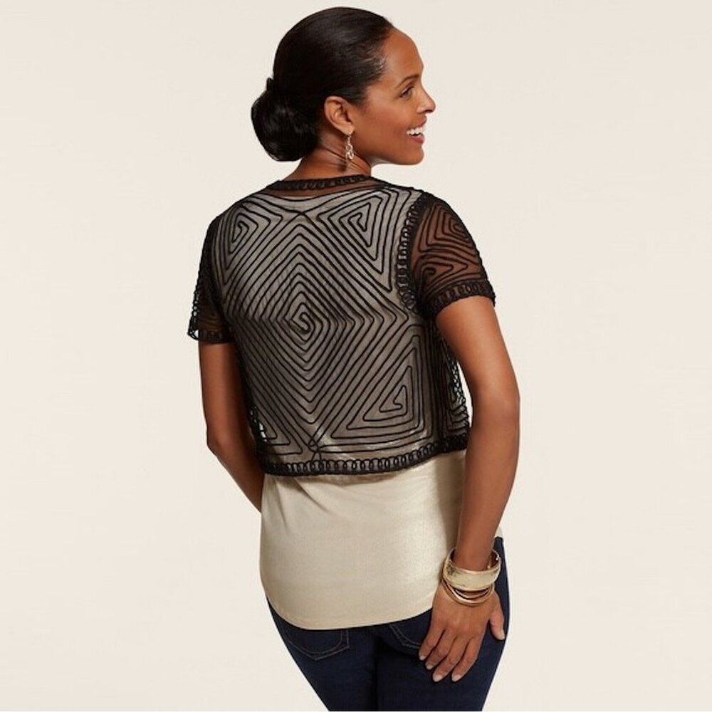 New Chico's Black Suri Soutache Shrug Size 0 US S
